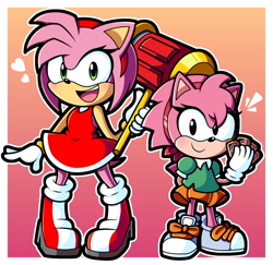 Size: 1800x1750 | Tagged: safe, artist:violet_artss, amy rose, sonic superstars, 2023, border, card, classic amy, duo, gradient background, heart, holding something, looking at viewer, modern amy, outline, piko piko hammer, smile, standing, tarot card