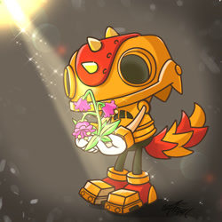 Size: 1500x1500 | Tagged: safe, artist:harkfeather, trip the sungazer, sonic superstars, 2023, abstract background, flower, holding something, robot, solo, sparkles, standing, sunray