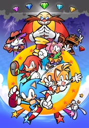 Size: 1431x2048 | Tagged: safe, artist:mario29331451, amy rose, feels the rabbit, knuckles the echidna, miles "tails" prower, nack the weasel, robotnik, sonic the hedgehog, trip the sungazer, sonic superstars, 2023, abstract background, chaos emerald, classic amy, classic knuckles, classic robotnik, classic sonic, classic tails, clouds, flying, group, lightning, looking at viewer, piko piko hammer, smile, spinning tails, star (symbol)
