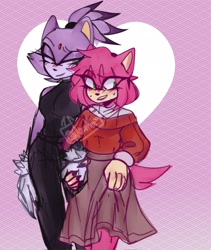 Size: 1725x2048 | Tagged: safe, artist:namhuaz, amy rose, blaze the cat, cat, hedgehog, 2023, amy x blaze, cute, female, females only, holding hands, lesbian, looking at them, shipping, skirt