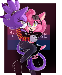 Size: 1000x1200 | Tagged: safe, artist:marleyla, amy rose, blaze the cat, cat, hedgehog, 2019, amy x blaze, bisexual pride, cute, female, females only, hand on back, hearts, lesbian, looking at viewer, shipping
