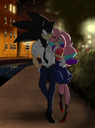 Size: 770x1037 | Tagged: safe, artist:wickedgothickitten, oc, oc:alex the hedgehog, oc:skye the hedgehog, hedgehog, glasses, looking at each other, nighttime, oc x oc, shipping, skirt, smile, straight