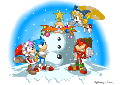 Size: 1700x1200 | Tagged: safe, artist:nextgrandcross, amy rose, knuckles the echidna, miles "tails" prower, robotnik, sonic the hedgehog, christmas, snowman