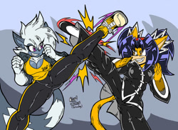 Size: 750x547 | Tagged: safe, honey the cat, tangle the lemur, fight, smile, tangle's running suit
