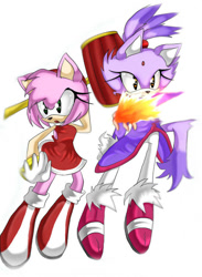 Size: 600x818 | Tagged: safe, artist:shira hedgie, amy rose, blaze the cat, cat, hedgehog, 2008, amy x blaze, amy's halterneck dress, blaze's tailcoat, female, females only, flame, lesbian, looking at something, piko piko hammer, shipping