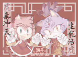 Size: 1920x1402 | Tagged: safe, artist:x20abi20x, amy rose, blaze the cat, cat, hedgehog, 2022, amy x blaze, chinese text, cute, female, females only, lesbian, looking at viewer, shipping