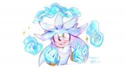 Size: 1659x933 | Tagged: safe, artist:inukmi2, silver the hedgehog, hedgehog, fish, literal animal, male, mouth open, psychokinesis, signature, simple background, smile, solo, sparkles, standing, water, white background