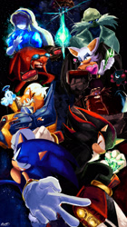 Size: 1403x2501 | Tagged: safe, artist:pankerdotpng, gerald robotnik, knuckles the echidna, maria robotnik, miles "tails" prower, robotnik, rouge the bat, shadow the hedgehog, sonic the hedgehog, bat, chao, echidna, fox, hedgehog, human, sonic adventure 2, abstract background, chaos emerald, dark chao, frown, group, heart, hero chao, master emerald shard, poster, signature, smile, space colony ark, star (sky), tornado ii, v sign