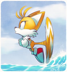 Size: 839x900 | Tagged: safe, artist:vaporotem, miles "tails" prower, fox, 2023, abstract background, border, clouds, daytime, looking ahead, male, outdoors, pout, solo, spinning tails, water