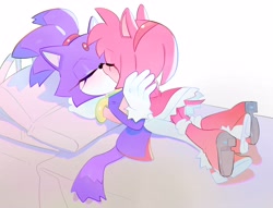 Size: 4096x3134 | Tagged: safe, artist:pinklilim, amy rose, blaze the cat, cat, hedgehog, 2023, amy x blaze, amy's halterneck dress, bed, blaze's tailcoat, blushing, cute, eyes closed, female, females only, kiss, lesbian, romantic, shipping