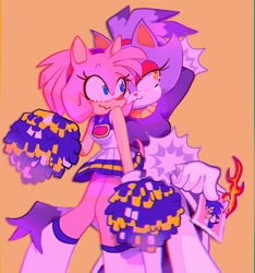 Size: 958x1024 | Tagged: safe, artist:ikiigang, amy rose, blaze the cat, sonic the hedgehog, cat, hedgehog, 2019, amy x blaze, blaze's tailcoat, cheerleader outfit, cute, female, females only, flame, lesbian, picture frame, shipping