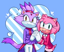 Size: 2150x1754 | Tagged: safe, artist:violetmadness7, amy rose, blaze the cat, cat, hedgehog, 2021, amy x blaze, female, females only, hearts, holding hands, lesbian, looking at viewer, mario & sonic at the olympic games, shipping, winter outfit