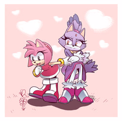 Size: 3300x3300 | Tagged: safe, artist:gushigumi, amy rose, blaze the cat, cat, hedgehog, 2021, amy x blaze, amy's halterneck dress, blaze's tailcoat, butterfly, cute, female, females only, flower, hearts, lesbian, looking at them, shipping
