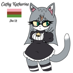 Size: 2048x2048 | Tagged: safe, artist:taeko, cat, bell, cathy katherine (yu-gi-oh!), character name, crossover, dress, english text, female, frown, glasses, green eyes, grey fur, gynosexual, hands behind back, looking offscreen, mobianified, mobius.social exclusive, one fang, pink nose, pride flag, pronouns, simple background, solo, standing, stockings, white background, yellow sclera, yu-gi-oh!, yu-gi-oh! zexal