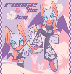 Size: 1966x2048 | Tagged: safe, artist:sonicamogus, rouge the bat, abstract background, cute, eyelashes, female, flower, heart, looking at viewer, rougabetes, sitting, smile, solo, sonic riders