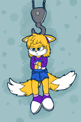 Size: 1567x2343 | Tagged: safe, artist:theowlgoesmoo, miles "tails" prower, abstract background, blue background, gender swap, hook, suspenders, tails is not amused, time out