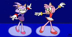 Size: 1024x530 | Tagged: safe, artist:aeroranger100, amy rose, blaze the cat, cat, hedgehog, 2023, amy x blaze, cute, female, females only, gymnastic outfit, lesbian, mario & sonic at the olympic games, shipping