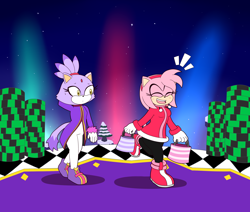 Size: 2600x2200 | Tagged: safe, artist:hedgehogstew, amy rose, blaze the cat, cat, hedgehog, 2023, amy x blaze, bag, cute, female, females only, lesbian, shipping, winter outfit