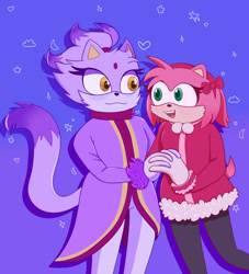 Size: 1280x1408 | Tagged: safe, artist:thatsprettygayuwu, amy rose, blaze the cat, cat, hedgehog, 2022, amy x blaze, cute, female, females only, hearts, holding hands, lesbian, mario & sonic at the olympic winter games, shipping, sparkles, star (symbol), winter