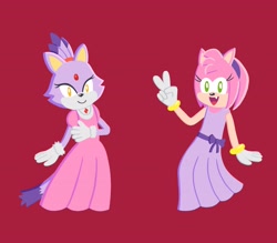Size: 4000x3500 | Tagged: safe, artist:sunoluno_, amy rose, blaze the cat, cat, hedgehog, 2023, amy x blaze, cute, dress, female, females only, lesbian, looking at viewer, mouth open, peace sign, shipping