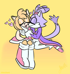 Size: 540x566 | Tagged: safe, artist:sonicshank, amy rose, blaze the cat, cat, hedgehog, 2018, amy x blaze, amy's halterneck dress, blaze's tailcoat, cute, eyes closed, female, females only, hearts, kiss on cheek, lesbian, mouth open, shipping