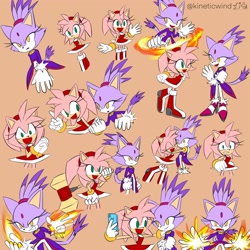 Size: 2048x2048 | Tagged: safe, artist:kineticwind, amy rose, blaze the cat, cat, hedgehog, 2022, amy x blaze, amy's halterneck dress, angry, blaze's tailcoat, cute, female, females only, flame, holding hands, hugging, lesbian, phone, piko piko hammer, selfie, shipping