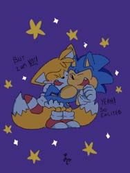 Size: 768x1024 | Tagged: dead source, safe, artist:tailsmybuddy67, miles "tails" prower, sonic the hedgehog, 2023, blushing, carrying them, classic sonic, classic tails, cute, dialogue, duo, english text, eyes closed, floppy ear, gay, looking at them, mouth open, one eye closed, one fang, purple background, shipping, signature, simple background, smile, sonabetes, sonic x tails, sparkles, standing, star (symbol), tailabetes
