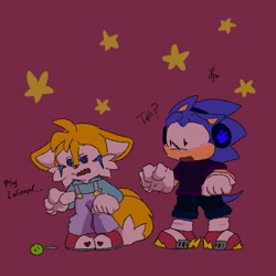 Size: 1280x1280 | Tagged: dead source, safe, artist:tailsmybuddy67, miles "tails" prower, sonic the hedgehog, 2023, alternate shoes, clothes, crying, cute, dialogue, duo, english text, floppy ears, gay, headphones, lollipop, looking down, mouth open, one fang, overalls, pink background, sad, shipping, shirt, shorts, simple background, sonabetes, sonic x tails, standing, star (symbol), tailabetes, tears, tears of sadness