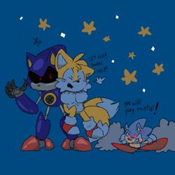Size: 1280x1280 | Tagged: dead source, safe, artist:tailsmybuddy67, metal sonic, sonic the hedgehog, 2023, annoyed, blue background, blushing, captured, cross popping vein, cute, dialogue, dust clouds, english text, gay, headlock, red eyes, robot, running, shipping, signature, simple background, sonabetes, sonic x tails, sparkles, standing, star (symbol), tailabetes, trio