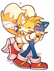 Size: 1536x2048 | Tagged: dead source, safe, artist:tetsuchibimori, miles "tails" prower, sonic the hedgehog, 2023, bandage, blushing, cute, duo, gay, heart, heart tail, lidded eyes, mouth open, one fang, riding on back, shadow (lighting), shipping, simple background, smile, sonabetes, sonic x tails, tailabetes, walking, white background