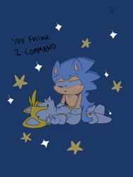 Size: 768x1024 | Tagged: dead source, safe, artist:tailsmybuddy67, miles "tails" prower, sonic the hedgehog, 2023, blue background, blushing, classic sonic, classic tails, cute, duo, english text, looking away, looking down at them, lying down, simple background, sitting on them, sonabetes, sparkles, star (symbol), tailabetes, this will end in sex