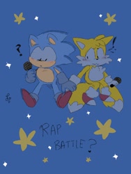 Size: 768x1024 | Tagged: dead source, safe, artist:tailsmybuddy67, miles "tails" prower, sonic the hedgehog, 2023, blue background, blushing, classic sonic, classic tails, cute, duo, embarrassed, english text, exclamation mark, friday night funkin, frown, gay, holding hands, looking at them, microphone, question mark, rap battle, shipping, simple background, sonabetes, sonic x tails, sparkles, star (symbol), tailabetes