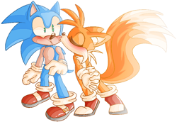 Size: 890x611 | Tagged: safe, artist:crazygreenfluff, miles "tails" prower, sonic the hedgehog, 2023, blushing, duo, eyes closed, gay, hands together, kiss on cheek, leaning in, pout, shipping, simple background, sonic x tails, standing, white background