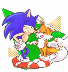 Size: 1500x1600 | Tagged: safe, artist:harenuhi_m, miles "tails" prower, sonic the hedgehog, 2023, abstract background, blushing, clenched teeth, cute, duo, eyes closed, gay, grin, head pat, lidded eyes, looking at them, mouth open, shipping, shrugging, smile, sonic x tails, standing, tailabetes
