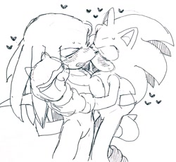 Size: 1024x944 | Tagged: safe, artist:sk_rokuro, knuckles the echidna, sonic the hedgehog, 2023, blushing, clenched teeth, duo, eyes closed, fiery fuity frenemies, gay, heart, holding them, kiss on cheek, knuxonic, line art, meme, shipping, simple background, sketch, standing, sweatdrop, white background