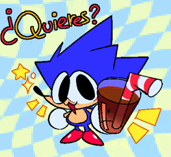 Size: 908x834 | Tagged: safe, artist:kirby-popstar, sonic the hedgehog, oc, oc:sonk, 2023, :3, abstract background, blushing, checkered background, chocolate milkshake, cup, cute, holding something, milkshake, solo, sonabetes, spanish text, standing, straw, talking to viewer