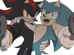 Size: 2048x1536 | Tagged: safe, artist:m3ri2310, shadow the hedgehog, sonic the hedgehog, 2023, duo, frown, gay, gun, holding each other, holding something, looking at viewer, mouth open, shadow x sonic, shipping, simple background, smile, standing, white background
