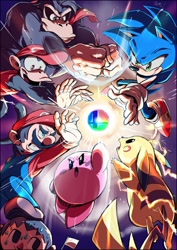 Size: 720x1018 | Tagged: safe, artist:shira hedgie, sonic the hedgehog, animal crossing, crossover, diddy kong, donkey kong, electricity, kirby, looking at something, mario, pikachu, super smash brothers