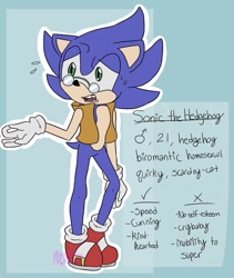 Size: 865x1024 | Tagged: safe, artist:call me doctor, sonic the hedgehog, abstract background, alternate universe, biromantic, character name, english text, gay, glasses, jacket, male, outline, reference sheet, solo, sweatdrop