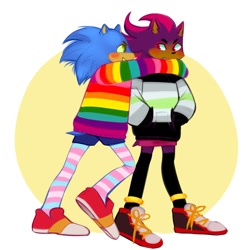Size: 1280x1280 | Tagged: safe, artist:deardeeric, shadow the hedgehog, sonic the hedgehog, abstract background, agender, agender pride, blushing, cute, duo, gay, gay pride, hands in pocket, hugging, pride, shadow x sonic, shadowbetes, shipping, shorts, smile, sonabetes, standing, stockings, sweater, trans male, trans pride, transgender