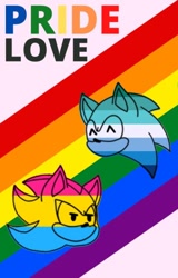 Size: 352x550 | Tagged: safe, artist:blueleader_, shadow the hedgehog, sonic the hedgehog, abstract background, duo, english text, fanfiction art, gay, gay pride, head only, mlm pride, pansexual, pansexual pride, pride, shadow x sonic, shipping