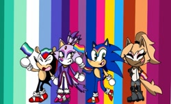 Size: 1069x652 | Tagged: safe, artist:fangirlva, blaze the cat, mighty the armadillo, sonic the hedgehog, whisper the wolf, 2021, abstract background, bisexual, bisexual pride, face paint, flag, gay, group, holding something, lesbian, lesbian pride, mlm pride, pansexual, pansexual pride, pride, pride flag, pride flag background, smile, standing