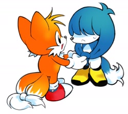 Size: 1777x1587 | Tagged: safe, artist:zombioutbreax, kit the fennec, miles "tails" prower, 2023, :<, classic kit, classic style, classic tails, cute, duo, frown, gay, hair over eyes, kitabetes, kitails, looking at each other, mouth open, shipping, simple background, smile, standing, sweatdrop, tailabetes, tangled ears, tangled tail, white background