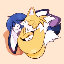 Size: 2048x2048 | Tagged: safe, artist:butterrrmoth, kit the fennec, miles "tails" prower, 2023, blushing, cuddling, cute, duo, eyes closed, gay, kitabetes, kitails, mouth open, pillow, shipping, simple background, sleeping, snuggling, tailabetes