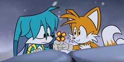 Size: 800x400 | Tagged: safe, artist:iultraluminaryi, kit the fennec, miles "tails" prower, sonic mania adventures, 2023, blushing, cute, duo, edit, flower, frown, gay, holding something, kitabetes, kitails, shipping, smile, snow, tailabetes