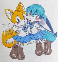 Size: 1907x2048 | Tagged: safe, artist:tomii_pepe, kit the fennec, miles "tails" prower, 2023, :<, blushing, crossdressing, cute, duo, femboy, frown, gay, kitabetes, kitails, looking at viewer, mouth open, schoolgirl outfit, shipping, signature, smile, standing, tailabetes, traditional media