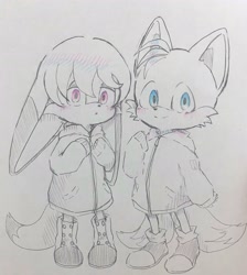 Size: 1832x2048 | Tagged: safe, artist:tomii_pepe, kit the fennec, miles "tails" prower, 2022, blushing, cute, duo, gay, jacket, kitabetes, kitails, line art, looking at viewer, looking offscreen, oversized, shipping, smile, standing, tailabetes, traditional media
