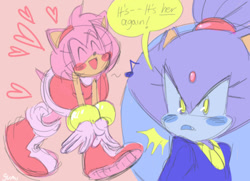 Size: 540x392 | Tagged: safe, artist:loveseiusa, amy rose, blaze the cat, cat, hedgehog, 2019, amy x blaze, amy's halterneck dress, blaze's tailcoat, blushing, cute, english text, eyes closed, female, females only, hearts, lesbian, looking at them, mouth open, musical note, shipping