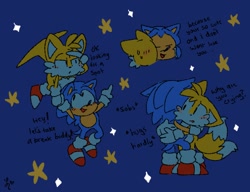 Size: 1301x1000 | Tagged: dead source, safe, artist:tailsmybuddy67, miles "tails" prower, sonic the hedgehog, 2023, blue background, blushing, classic sonic, classic tails, crying, cute, dialogue, duo, english text, floppy ear, flying, gay, hugging, sfx, shipping, simple background, smile, sonabetes, sonic x tails, sparkles, spinning tails, star (symbol), sweatdrop, tailabetes