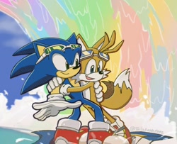 Size: 900x730 | Tagged: safe, artist:tailsfann1992, miles "tails" prower, sonic the hedgehog, 2023, duo, extreme gear, gay, goggles, holding each other, looking at them, looking offscreen, riders style, shipping, smile, sonic riders, sonic x tails, sunglasses, water, waves